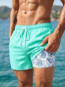 Manfinity Swimmode Summer Men's Shell Print Slant Pocket Drawstring Waist Beach Shorts Holiday / Vacation / Beach / Hawaii / Tropical / Swim /  Bathing - Mint Blue - View 5