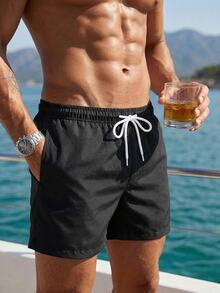 Manfinity Swimmode 男士夏季沙滩度假风贝壳海螺印花抽绳腰带二合一沙滩短裤 - 黑色 - 查看 3