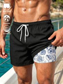 Manfinity Swimmode 男士夏季沙滩度假风贝壳海螺印花抽绳腰带二合一沙滩短裤 - 黑色 - 查看 4