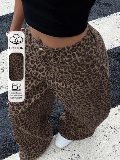 DAZY Women's Fashion Leopard Print Loose Casual Wide Leg Jeans Y2k