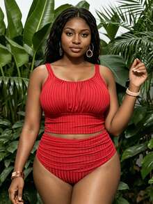 Swim Lushoire 2-Piece Plain Color Plus Size Tankini Set For Women Summer - Red - View 4