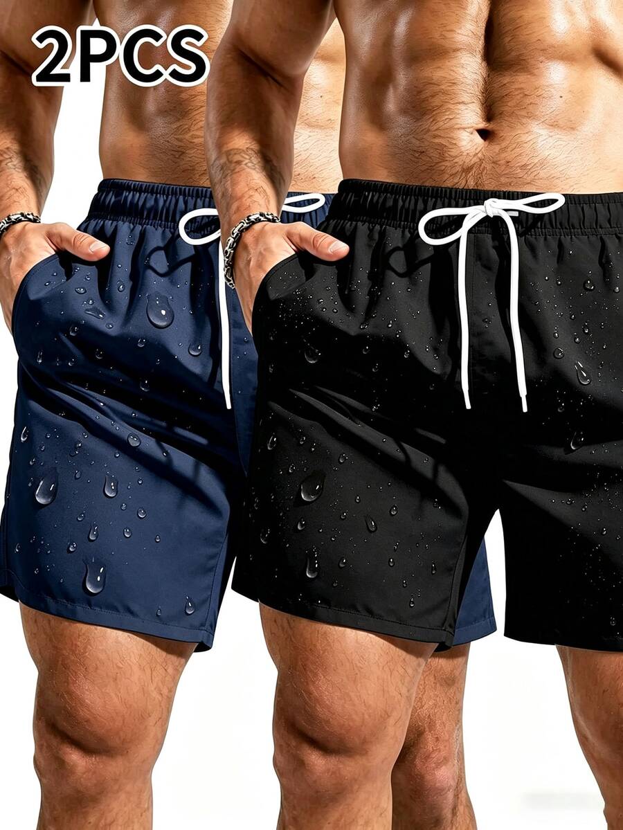 Surfspeed Plus Size Men's Summer Drawstring Waist Beach Shorts, Holiday - Black - View 1