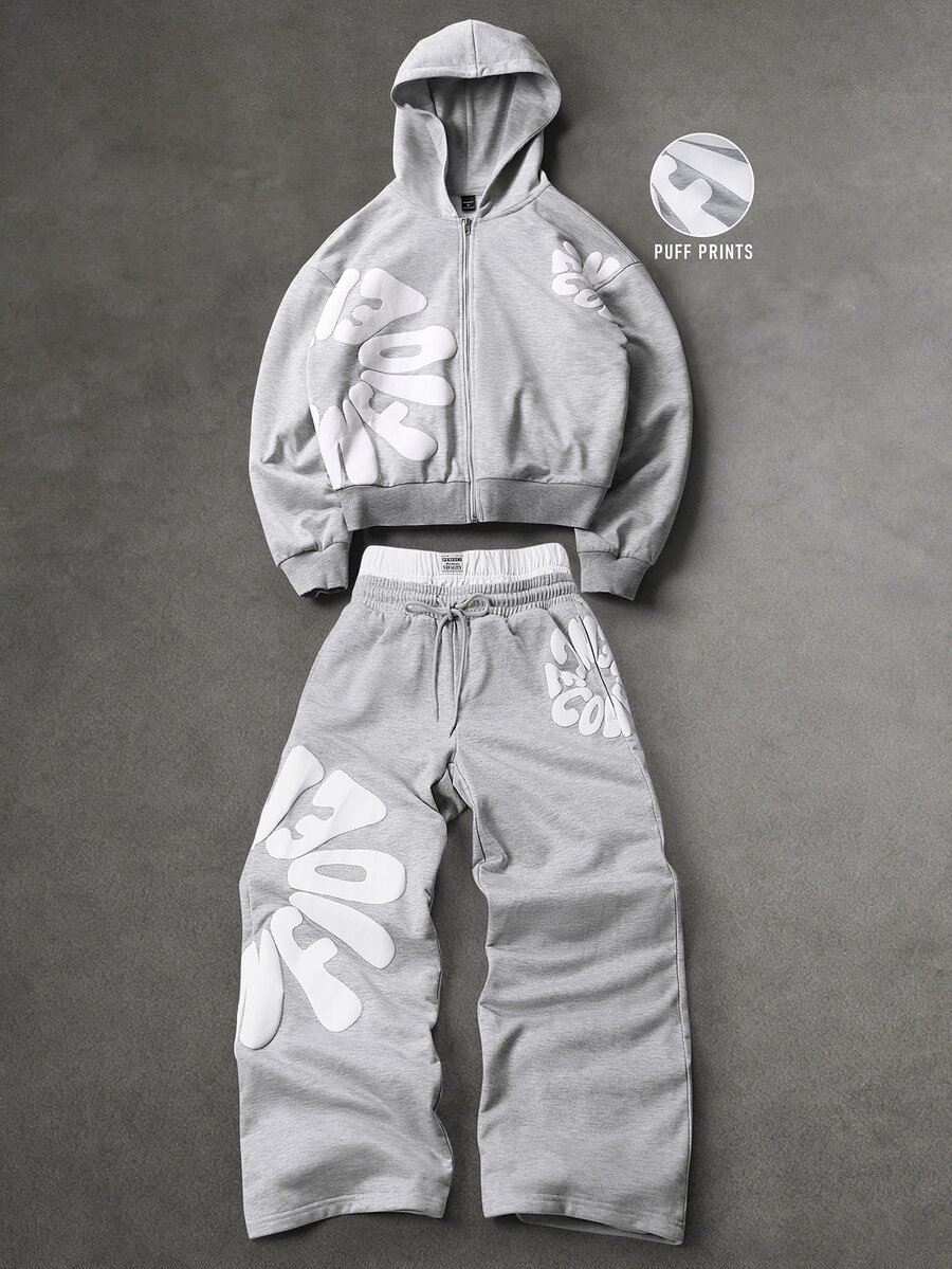 SLATEMANN Men's Letter Print Zip-Up Long Sleeve Hoodie And Sweatpants Casual Daily Set - Grey - View 1