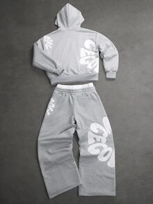 SLATEMANN Men's Letter Print Zip-Up Long Sleeve Hoodie And Sweatpants Casual Daily Set - Grey - View 2