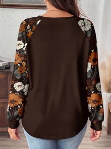SHEIN LUNE Plus Size Women's Casual Raglan Sleeve Crew Neck Loose Fit T-Shirt, Suitable For Spring And Autumn - Brown - View 2