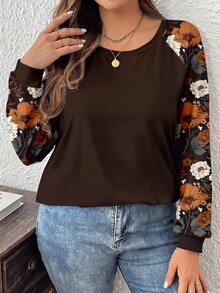 SHEIN LUNE Plus Size Women's Casual Raglan Sleeve Crew Neck Loose Fit T-Shirt, Suitable For Spring And Autumn - Brown - View 6