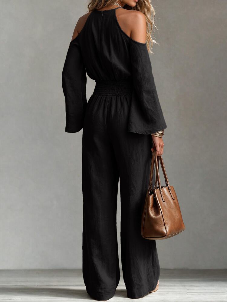 Omancia Standard Size Halter Neck Hollow Out Flared Sleeve Cinched Waist Casual Commute Daily Jumpsuit - Black - View 2