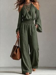 Omancia Women's Solid Color Off-Shoulder Flare Sleeve Cinched Waist Casual Commute Daily Jumpsuit - Army Green - View 4