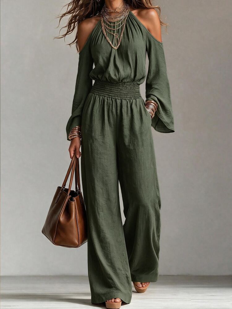 Omancia Women's Solid Color Off-Shoulder Flare Sleeve Cinched Waist Casual Commute Daily Jumpsuit - Army Green - View 4