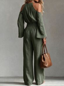 Omancia Women's Solid Color Off-Shoulder Flare Sleeve Cinched Waist Casual Commute Daily Jumpsuit - Army Green - View 2