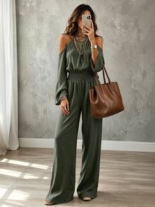 Omancia Women's Solid Color Off-Shoulder Flare Sleeve Cinched Waist Casual Commute Daily Jumpsuit - Army Green - View 3