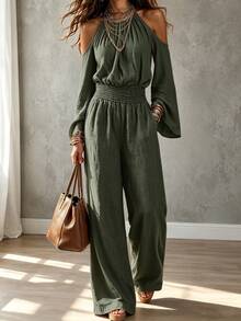 Omancia Women's Solid Color Off-Shoulder Flare Sleeve Cinched Waist Casual Commute Daily Jumpsuit - Army Green - View 1
