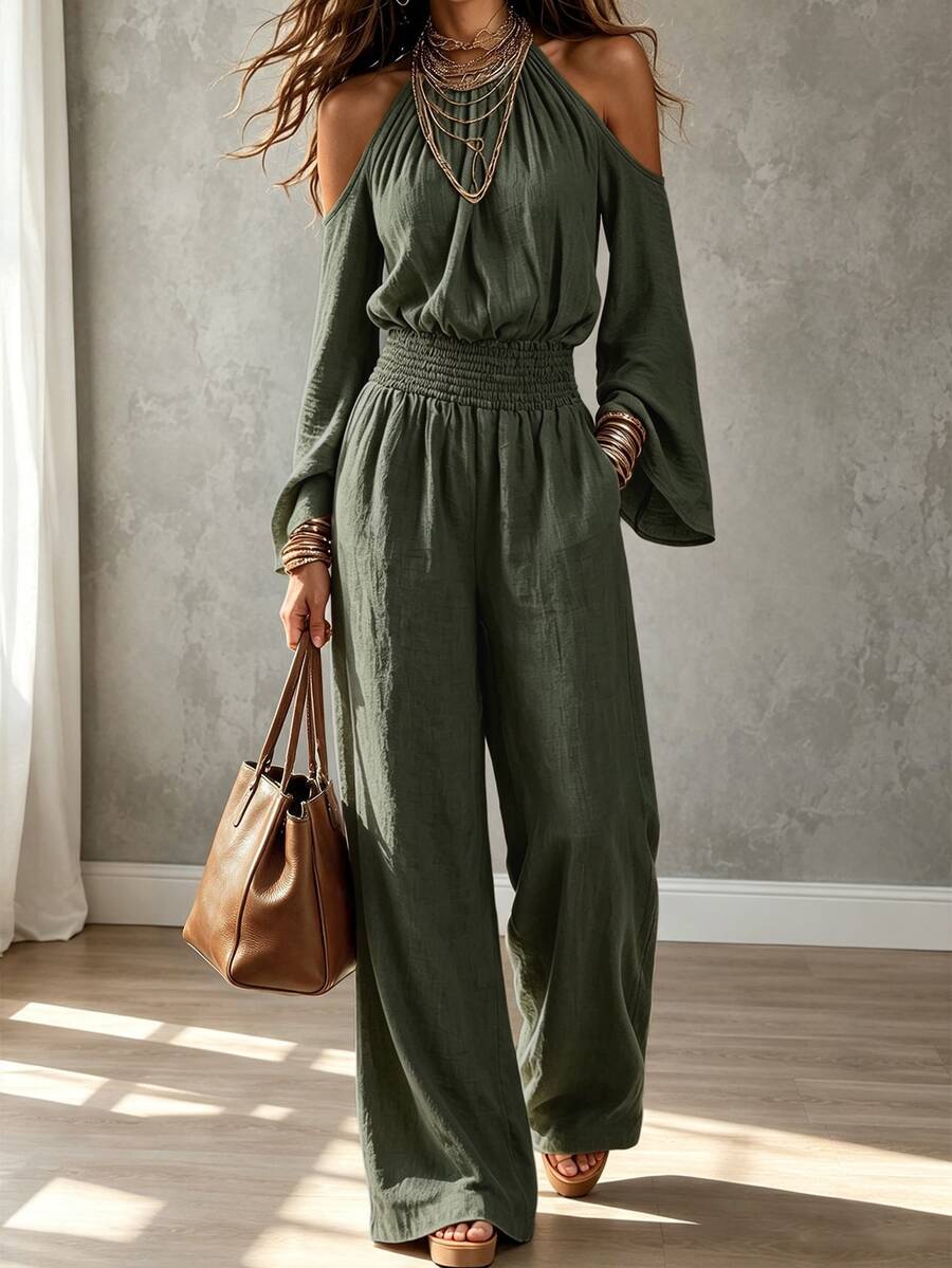 Omancia Women's Solid Color Off-Shoulder Flare Sleeve Cinched Waist Casual Commute Daily Jumpsuit - Army Green - View 1