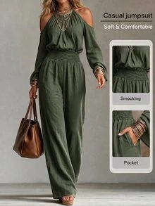 Omancia Women's Solid Color Off-Shoulder Flare Sleeve Cinched Waist Casual Commute Daily Jumpsuit - Army Green - View 5