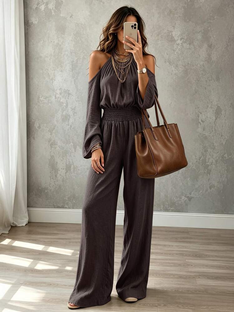 Omancia Women's Solid Color Off-Shoulder Flare Sleeve Cinched Waist Casual Commute Daily Jumpsuit - Brown - View 3