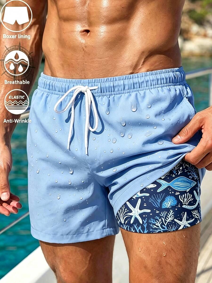 Naviga Onda 男士休閒百搭口袋抽繩腰海邊沙灘短褲 - 藍色 - 查看 1