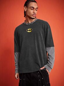 ROMWE MEN Batman X ROMWE Men's Colorblock Patchwork 2 In 1 Loose Streetwear T-Shirt - Multicolor - View 8
