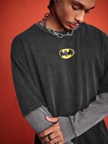 ROMWE MEN Batman X ROMWE Men's Colorblock Patchwork 2 In 1 Loose Streetwear T-Shirt - Multicolor - View 1