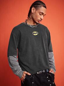 ROMWE MEN Batman X ROMWE Men's Colorblock Patchwork 2 In 1 Loose Streetwear T-Shirt - Multicolor - View 7