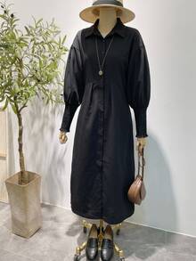 FRIFUL Women's Solid Color Pleated Casual Party Summer Dress For Middle-Aged And Elderly Fall - Black - View 3