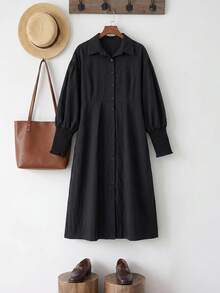 FRIFUL Women's Solid Color Pleated Casual Party Summer Dress For Middle-Aged And Elderly Fall - Black - View 5