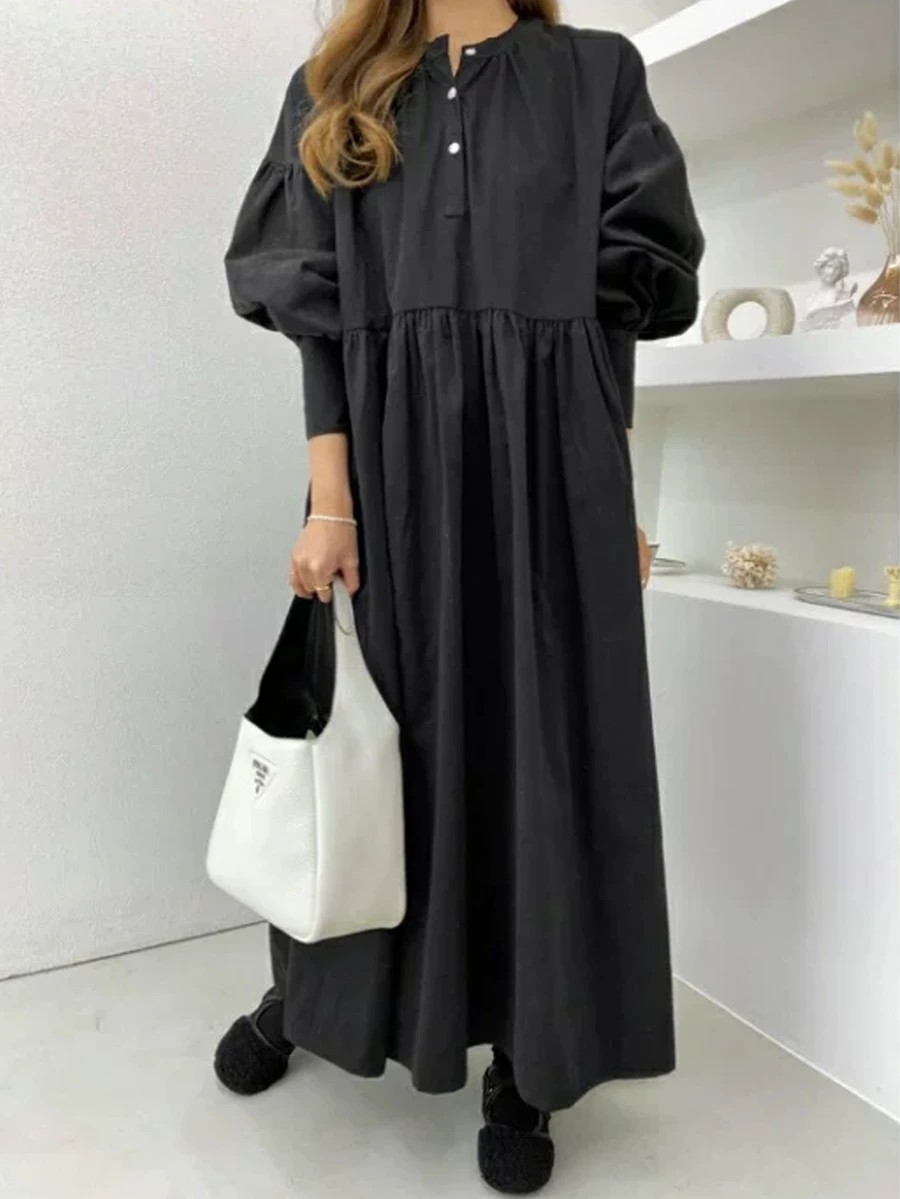 FRIFUL Women's Solid Color Pleated Casual Party Summer Dress For Middle-Aged And Elderly Fall - Black - View 1
