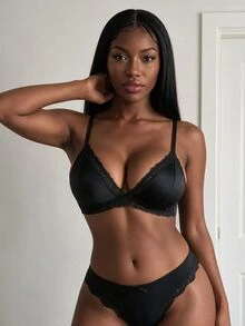 Rovax Bra Fashion Wanita dengan Renda Kontras Warna Polos Tanpa Bantalan untuk Pemakaian Sehari-hari Kasual - Hitam - View 3
