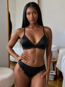 Rovax Bra Fashion Wanita dengan Renda Kontras Warna Polos Tanpa Bantalan untuk Pemakaian Sehari-hari Kasual - Hitam - View 4