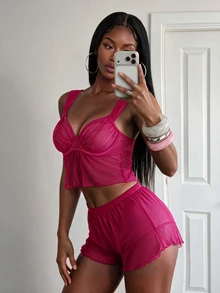 Rovax Women's Mesh Underwire Thin Cup Sexy Lingerie Set - Hot Pink - View 3