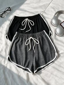 SHEIN 两件套女士休闲运动撞色滚边家居裤套装 - 彩色 - 查看 7