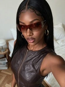 Rovax Large Frame Futuristic Y2K Glasses, Rhinestone Decor, Oversized Wrap, For Music Festival, Summer Beach, Travel, Preppy Back To School, For Women - Gradient Tea - View 2