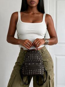 Rovax Women's Retro Punk Biker Girl Backpack, Black Rivet Handbag, Personalized Cross Flap Backpack With Multiple Pockets, Large Capacity, Suitable For Travel, School, Casual, Commute , Punk - Black - View 4