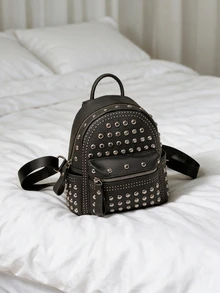 Rovax Women's Retro Punk Biker Girl Backpack, Black Rivet Handbag, Personalized Cross Flap Backpack With Multiple Pockets, Large Capacity, Suitable For Travel, School, Casual, Commute , Punk - Black - View 5
