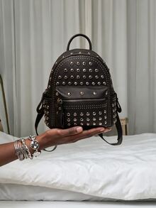 Rovax Women's Retro Punk Biker Girl Backpack, Black Rivet Handbag, Personalized Cross Flap Backpack With Multiple Pockets, Large Capacity, Suitable For Travel, School, Casual, Commute , Punk - Black - View 7