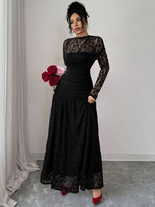 Elenzga 女士秋冬蕾丝褶皱修身连衣裙，适合外出、约会、主题派对、庆祝活动等多种场合。 - 黑色 - 查看 4