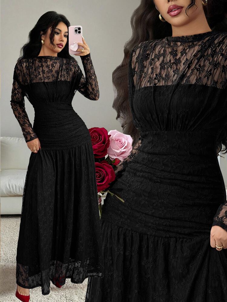 Elenzga Women's Autumn/Winter Lace Ruched Bodycon Dress, Versatile For Outings, Date Nights, Theme Parties, Celebrations - Black - View 1