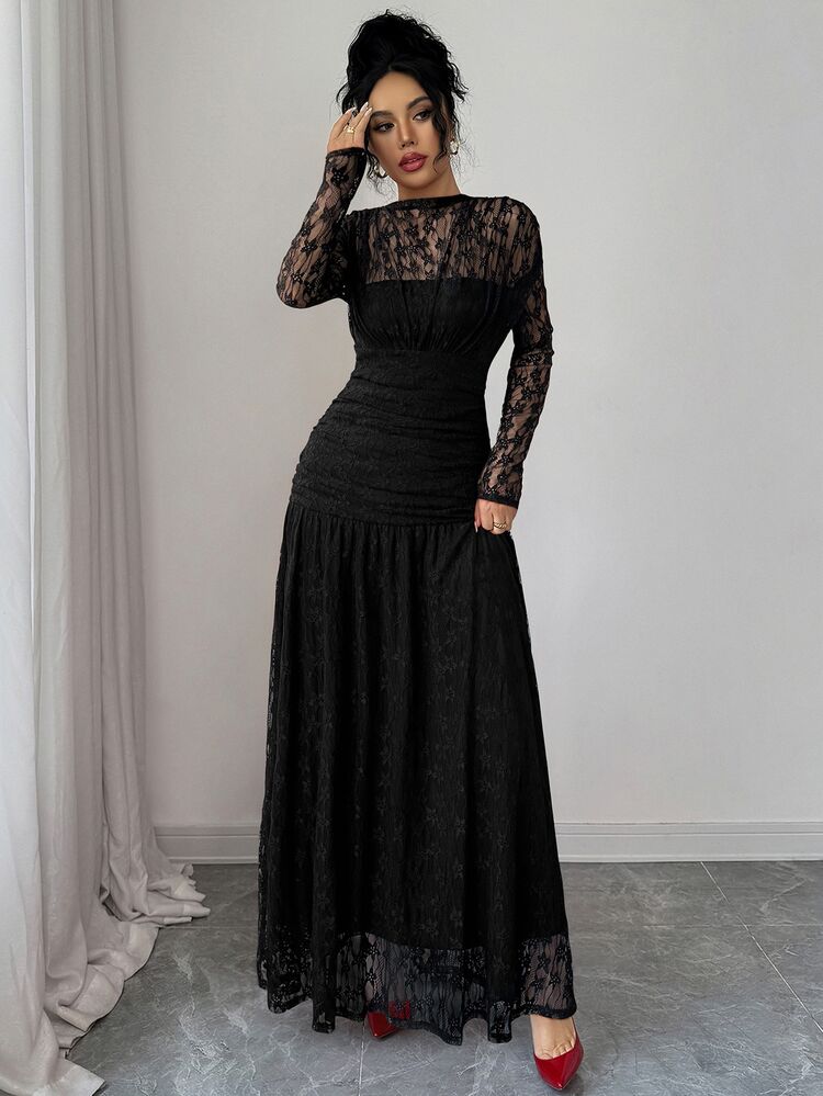 Elenzga Women's Autumn/Winter Lace Ruched Bodycon Dress, Versatile For Outings, Date Nights, Theme Parties, Celebrations - Black - View 5