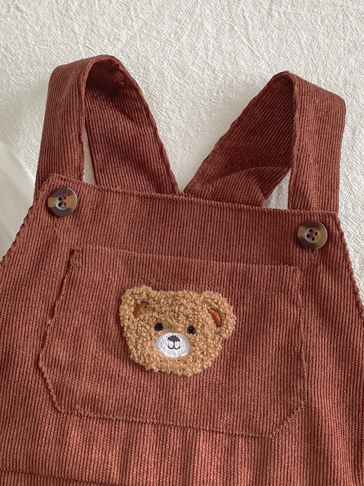Vintaside Kids Baby Girl Solid Color Fuzzy Ribbed Pullover Long Sleeve Top And Cute Bear Embroidered Patch Decor Sleeveless Overall Long Pants Set, Suitable For Autumn/Winter Casual Outings And Versatile Wear - Brown - View 4