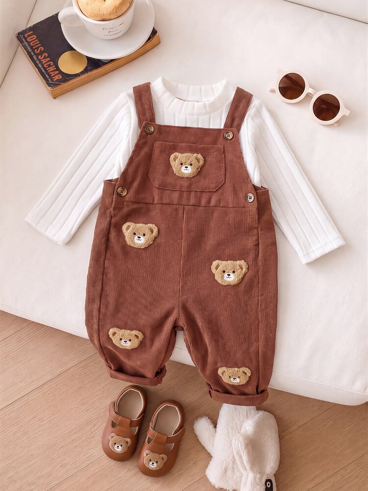Vintaside Kids Baby Girl Solid Color Fuzzy Ribbed Pullover Long Sleeve Top And Cute Bear Embroidered Patch Decor Sleeveless Overall Long Pants Set, Suitable For Autumn/Winter Casual Outings And Versatile Wear - Brown - View 5
