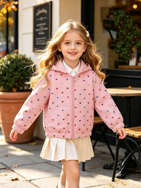 SHEIN Elladie kids Young Girls Hooded Jackets, Cute Tops, New Fall Styles, School, Vacation, Polka Dot Top, Pink Colorful Hearts, Jacket