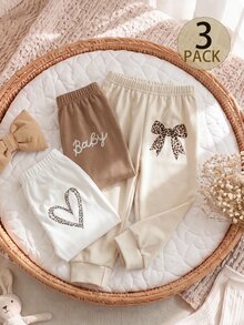 SHEIN 3件組幼兒女嬰慢跑運動長褲，可愛甜美白色米色棕色豹紋愛心蝴蝶結印花，加厚款，適合派對、冬季、秋季、萬聖節、聖誕節、戶外穿著 - 彩色 - 查看 5