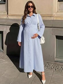 MaterniWear Maternity Striped Pleated Casual Party & Travel Dress - Blue - View 2
