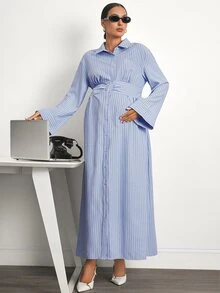 MaterniWear Maternity Striped Pleated Casual Party & Travel Dress - Blue - View 9