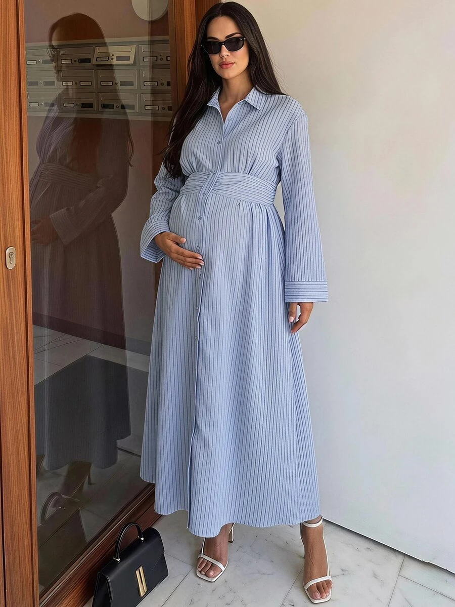 MaterniWear 孕婦條紋百褶休閒派對與旅行洋裝 - 藍色 - 查看 1
