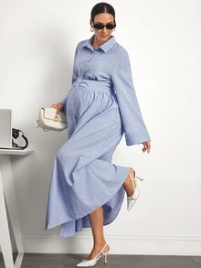MaterniWear Maternity Striped Pleated Casual Party & Travel Dress - Blue - View 4