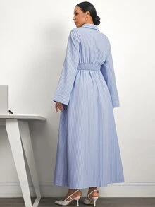 MaterniWear Maternity Striped Pleated Casual Party & Travel Dress - Blue - View 5