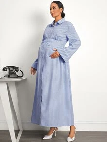MaterniWear Maternity Striped Pleated Casual Party & Travel Dress - Blue - View 6