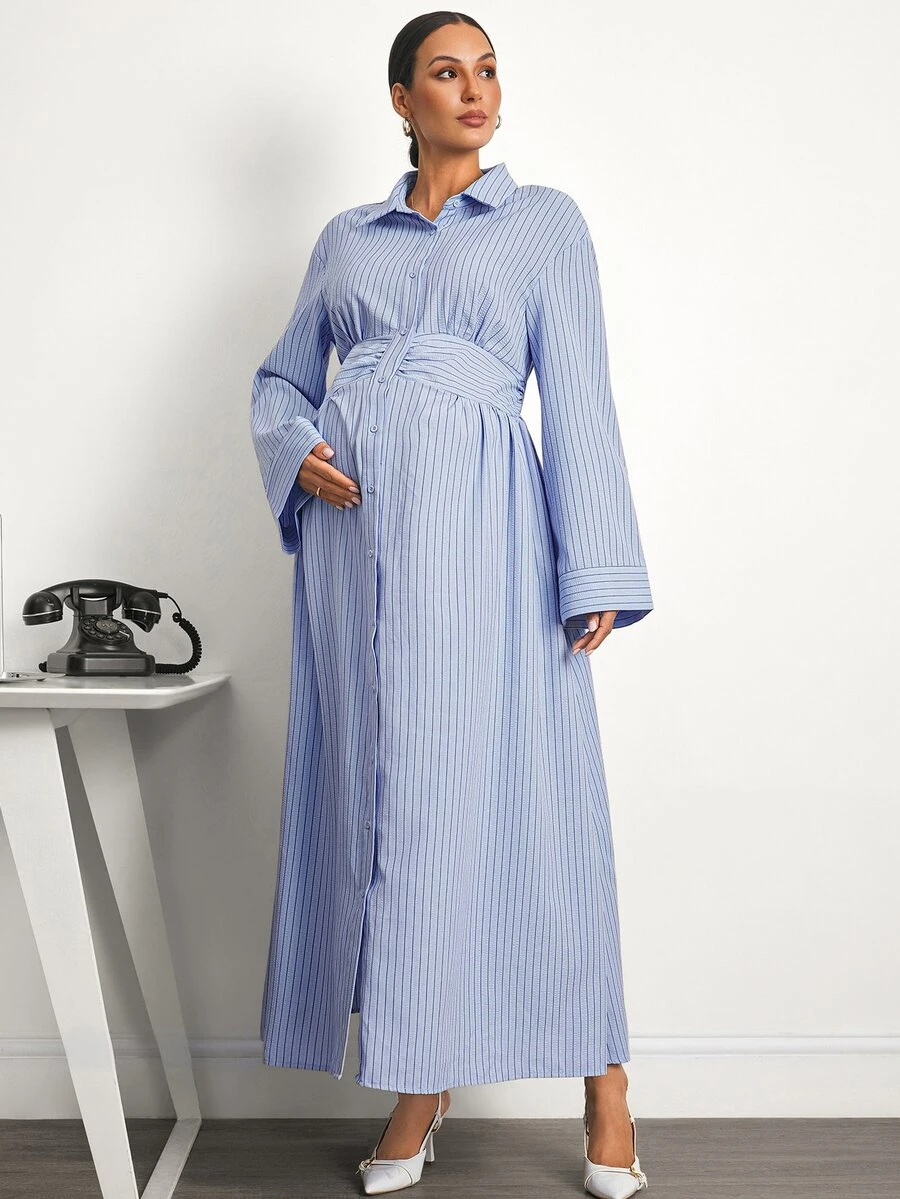 MaterniWear Maternity Striped Pleated Casual Party & Travel Dress - Blue - View 1