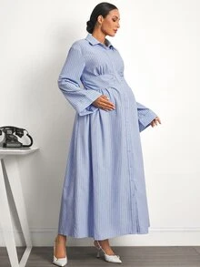 MaterniWear Maternity Striped Pleated Casual Party & Travel Dress - Blue - View 8