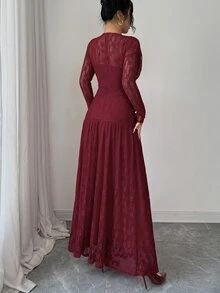 Elenzga Women's Autumn/Winter Lace Ruched Bodycon Dress, Versatile For Outings, Date Nights, Theme Parties, Celebrations - Burgundy - View 2